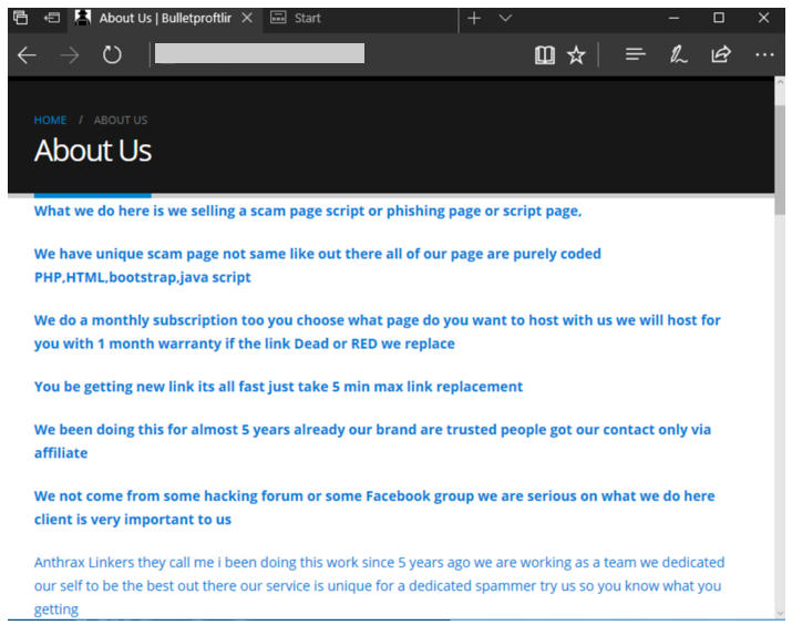 Screenshot of About Us page on the BulletProofLink website