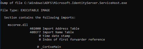 Screenshot showing Microsoft.IdentityServer.ServiceHost.exe importing mscoree.dll.
