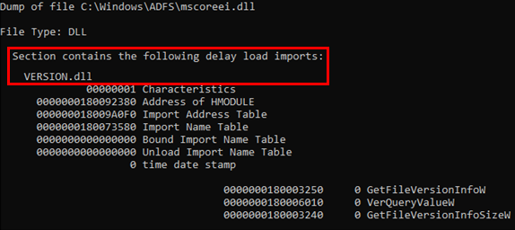 mscoreei.dll に version.dll という名前の遅延ロード インポート (遅延インポート) があることを示すスクリーンショット