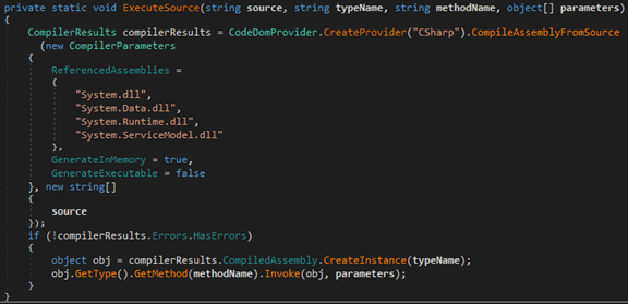 Screenshot of code for Service.ExecuteSource() method, which dynamically compiles and executes the payload in memory