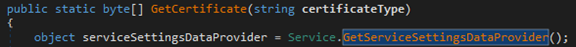 Screenshot of code for invoking the GetServiceSettingsDataProvider() method 