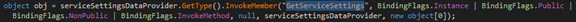 Screenshot of code for invoking the GetServiceSettings() method