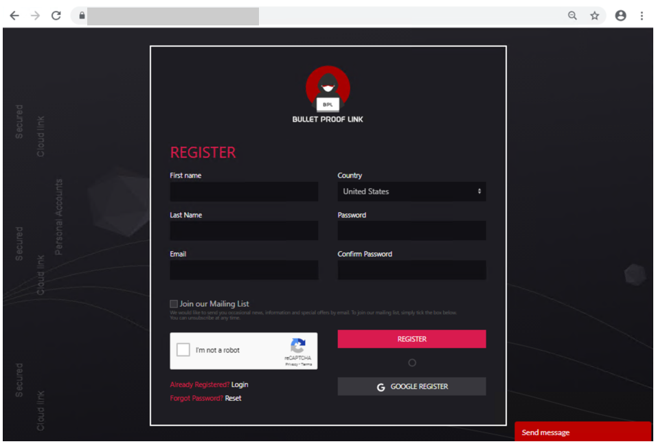 Screenshot of BulletProofLink registration page 