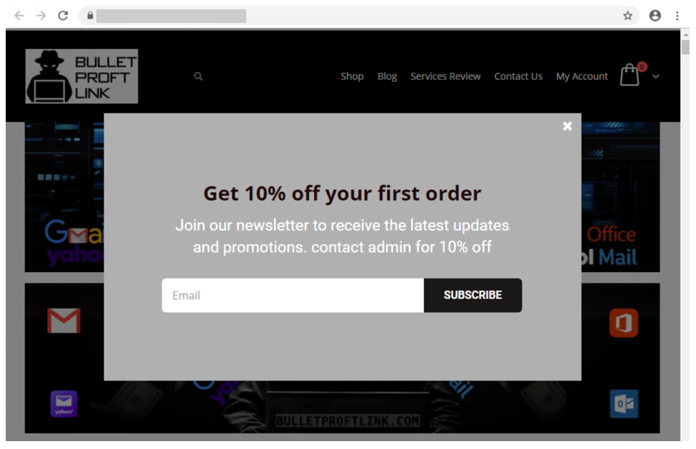 Screenshot of 10% discount offered to those who will sign up for newsletter