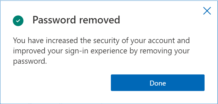 Microsoft Authenticator screen showing password has been successfully removed. 