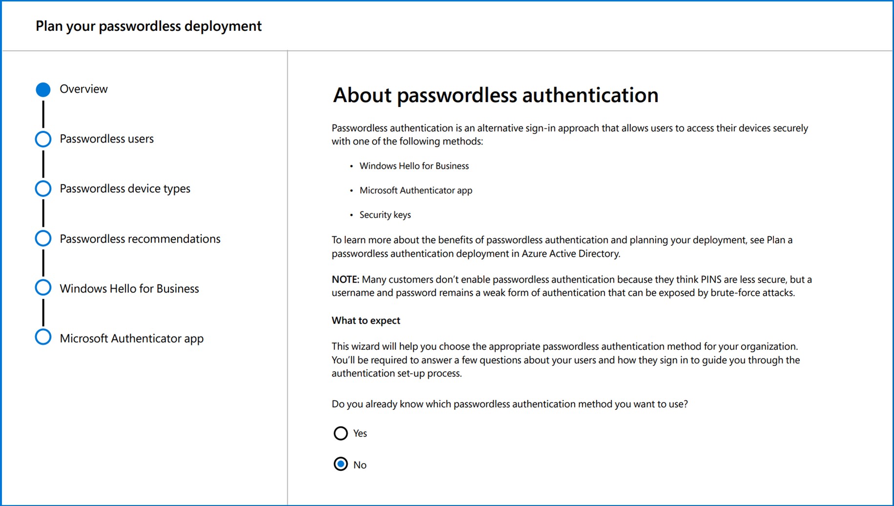 パスワード認証のサインイン方法には、Windows Hello for Business、Microsoft Authenticator アプリ、およびセキュリティ キーが含まれます。