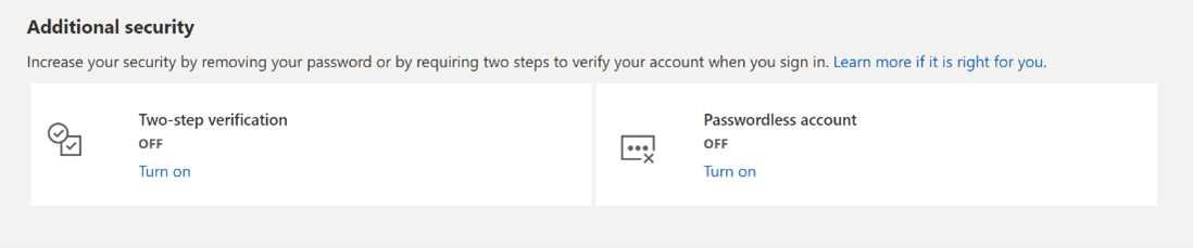 Microsoft Authenticator screen showing the option to go passwordless. 
