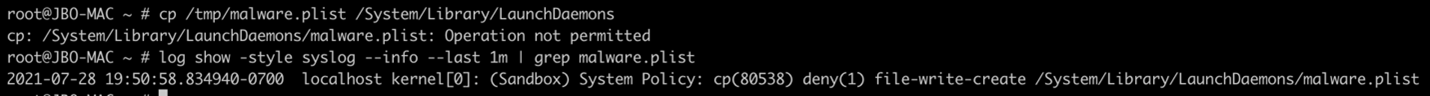 Screenshot of SIP blocking a malicious LaunchDaemon registration