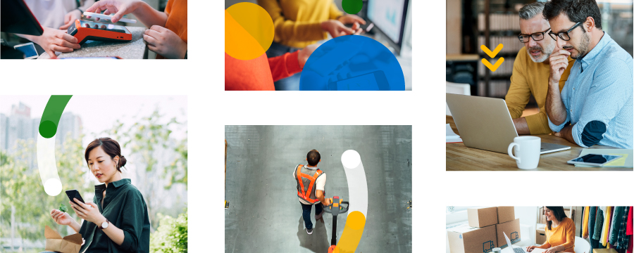 Collage of images featuring real people interacting with their phones, laptops, tablets, and payment features.