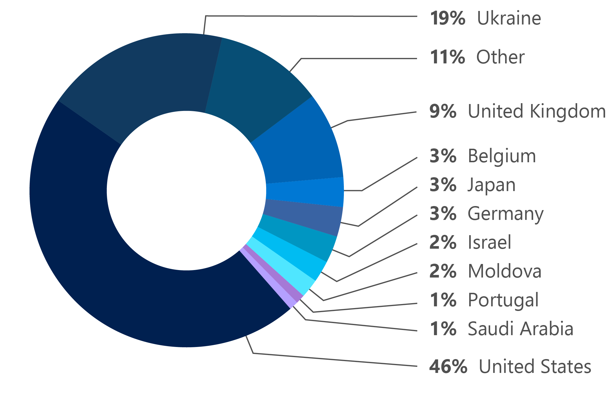 2020 年 7 月から 2021 年 6 月までの間に最も標的にされた国は、米国 (46%)、ウクライナ (19%)、英国 (9%) でした。