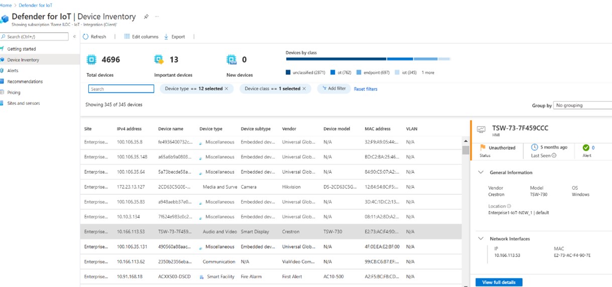 Azure の Defender for IoT コンソールは、IoT および OT デバイスのインベントリ、アラート、およびセキュリティの推奨事項へのアクセスをユーザーに提供します。 [Device Inventory] ビューは、デバイスのリストとそれらに関する上位の詳細をユーザーに提供します。デバイス インスタンスを選択すると、より詳細なデバイス プロパティが表示されます。