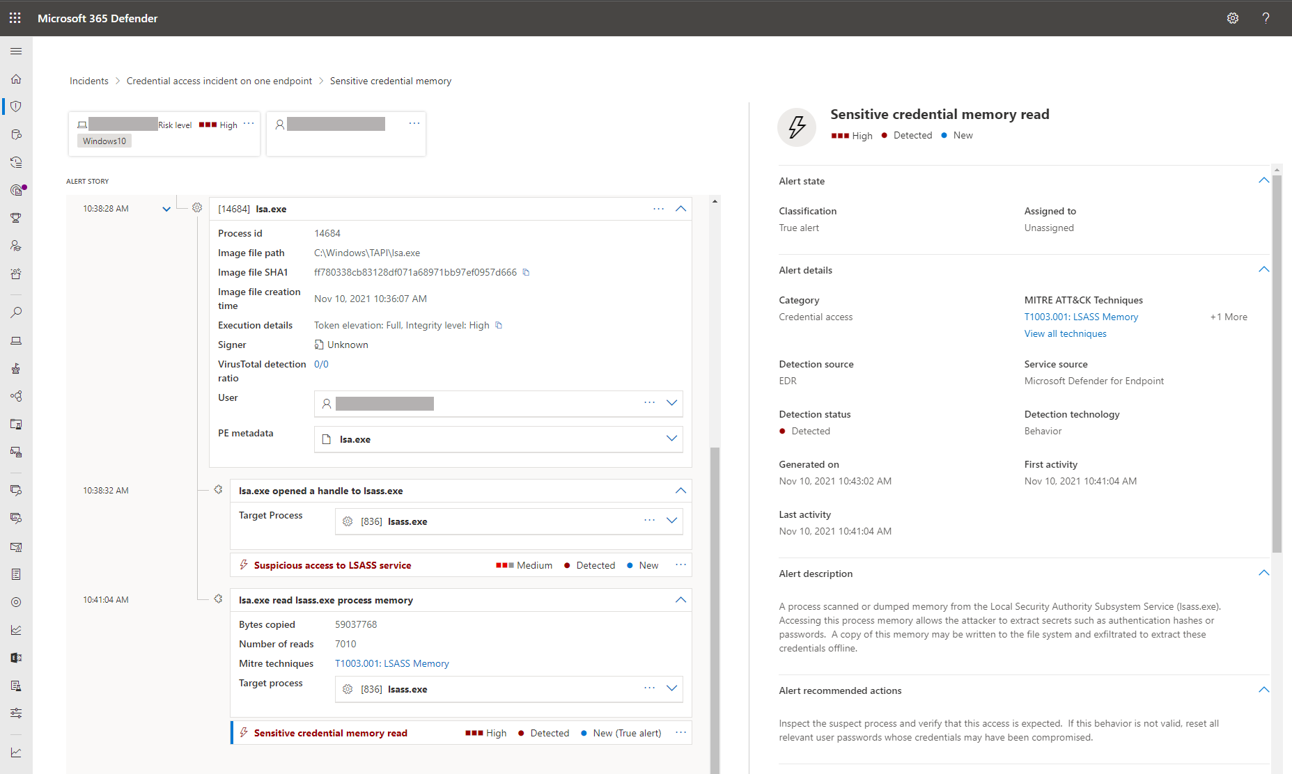 Screenshot of Microsoft 365 Defender alert for Sensitive credential memory read