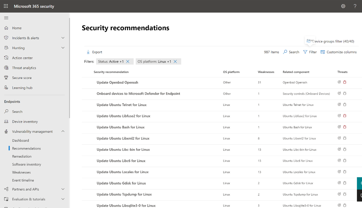 The Security Recommendations view in the Microsoft 365 Defender console includes recommendations for enterprise IoT devices. Recommendations like, upgrade your IoT devices firmware to a more secure version, is a common example. In the view you see how many devices are applicable to each recommendation as well as the risk level. 