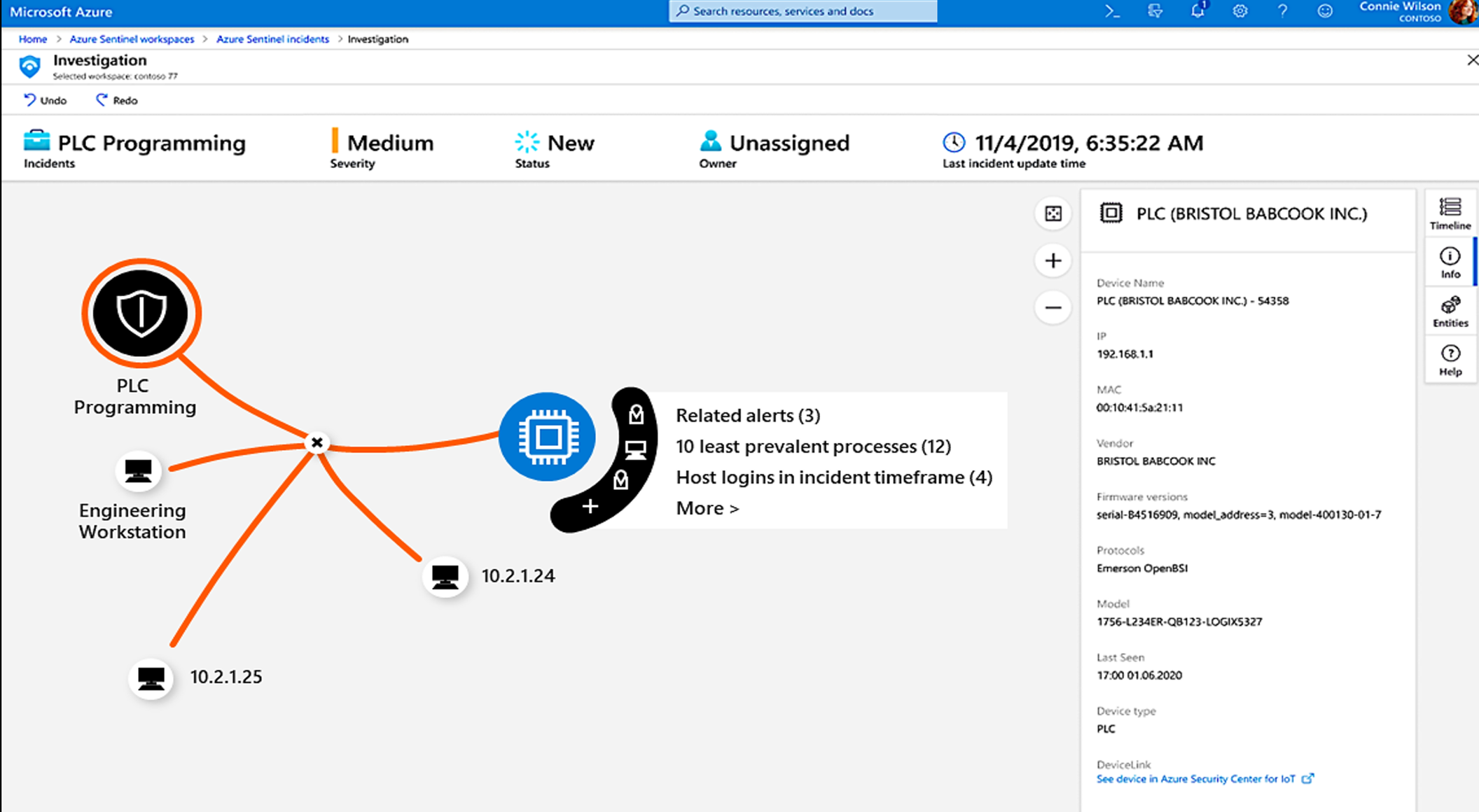 Microsoft Sentinel のインシデント ビューには、IoT や OT を含むすべてのタイプのエンドポイントのほか、複数のネットワークやネットワーク セグメントにまたがるエンドポイントを含めることができます。これらのエンドポイントはすべて、1 つの連続したインシデント グラフに表示されるため、エンド ツー エンドの攻撃を簡単に視覚化できます。