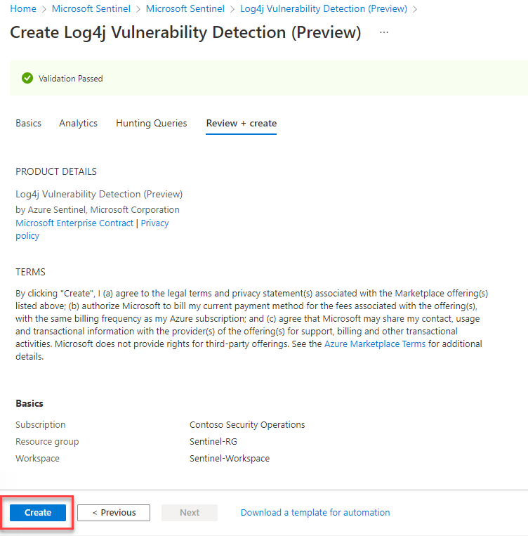 Microsoft Sentinel の Log4j 脆弱性検出ソリューションのスクリーンショット