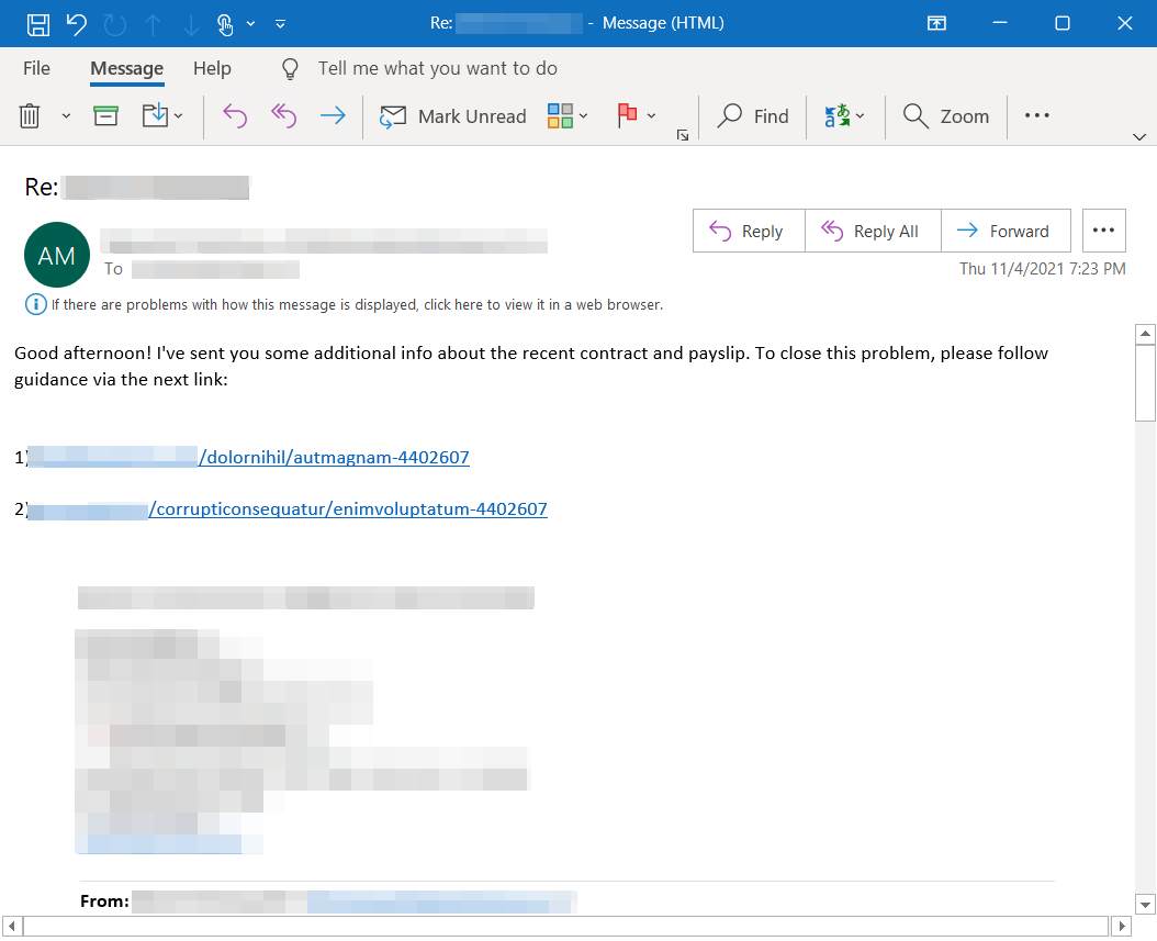 Screenshot of email with malicious URLs used in Qakbot campaign