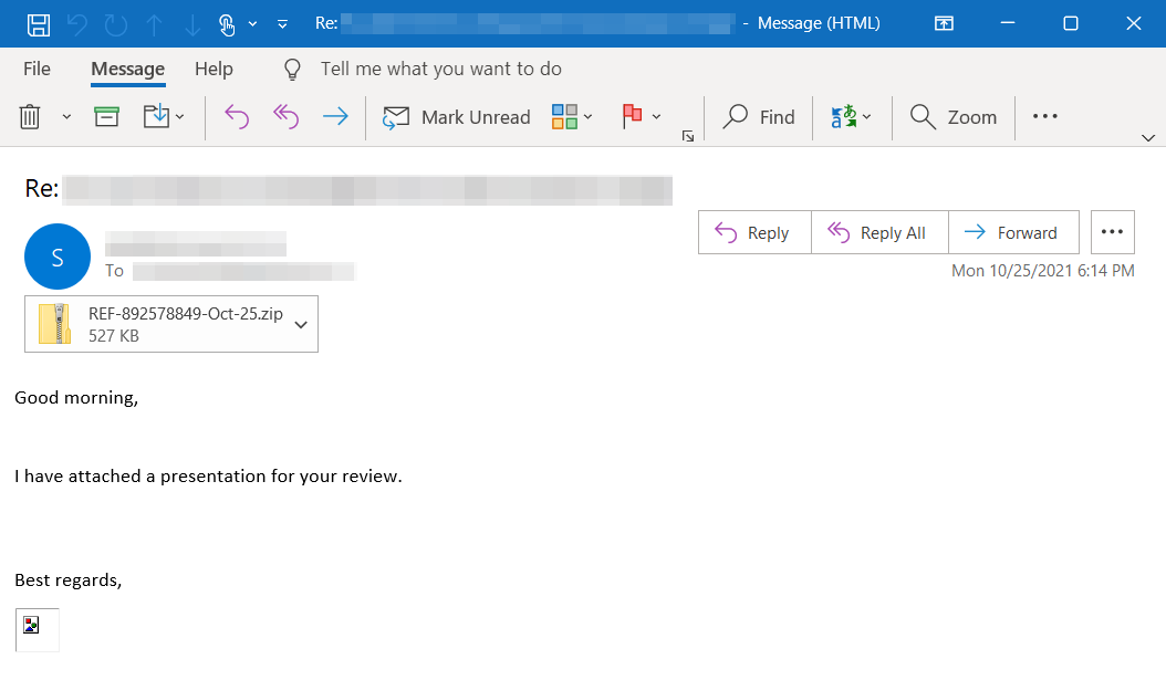 Screenshot of email with malicious ZIP attachment