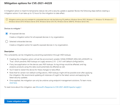 Screenshot of mitigation options