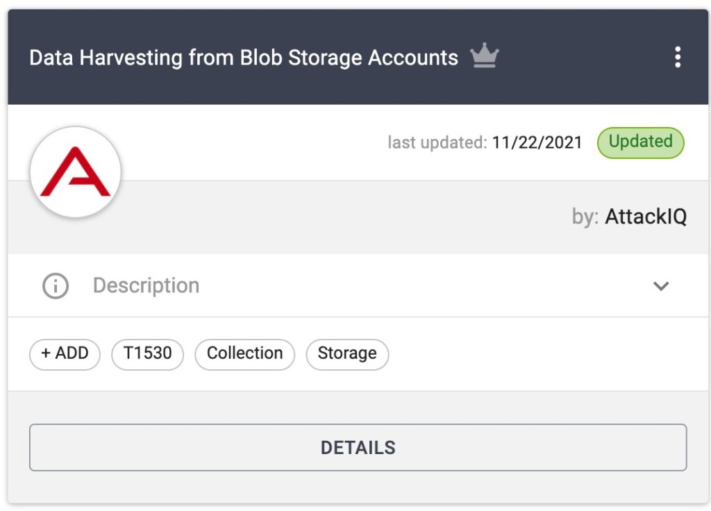 Blob Storage アカウントからのデータ収集を紹介する AttackIQ プラットフォーム。