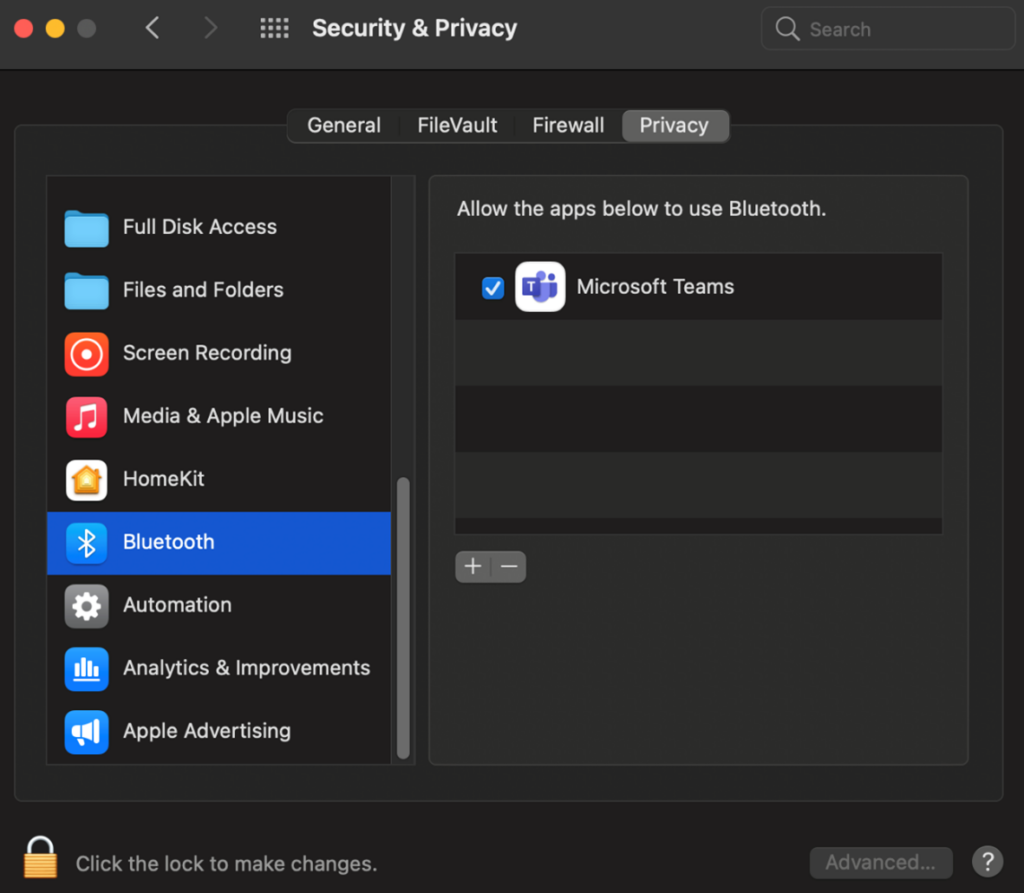 macOS の [セキュリティとプライバシー] ペインのスクリーンショット