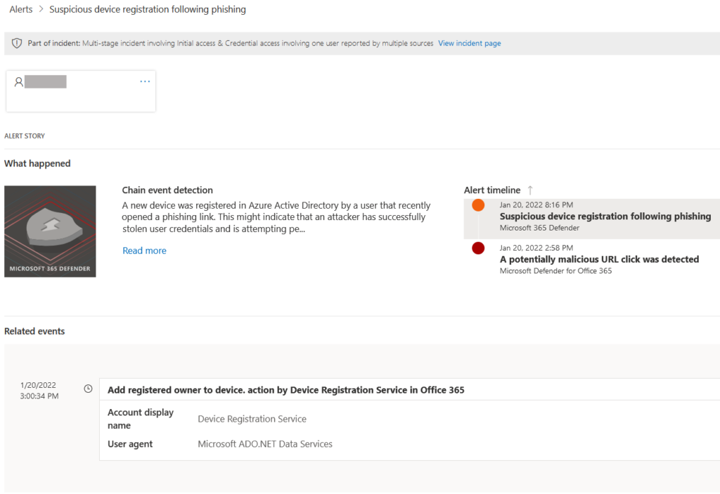 Screenshot of Microsoft 365 Defender alert for Suspicious device registration following phishing