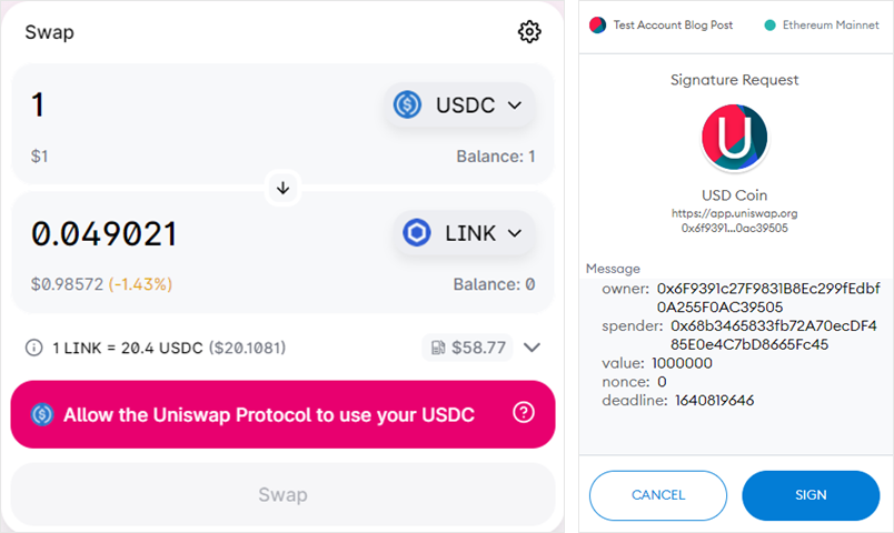 Screenshot of a Uniswap approval interface, and screenshot of Approval transaction signature request.