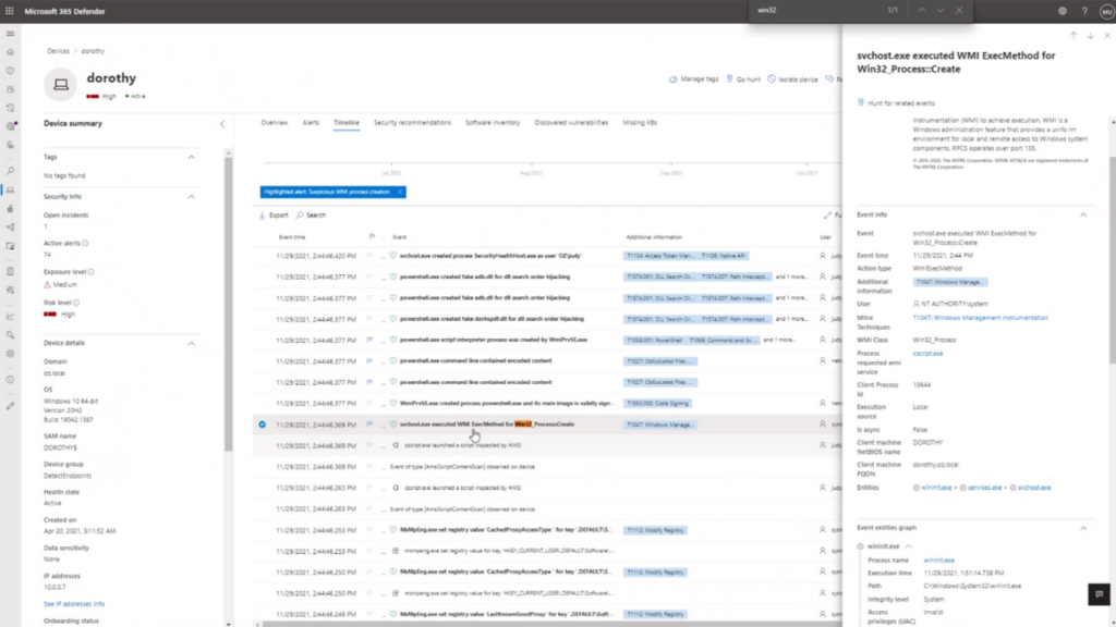 Screenshot of Microsoft 365 Defender detecting process creation via WMI.