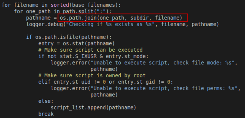 Figure 4 displays building the script list in the "scripts_in_path" method, including the vulnerable code with "subdir" poisoned, which is highlighted with a red box over the text reading "os.path.join(one path, subdir, filename)".