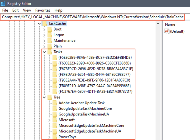 Screen grab of the Tarrask malware creating new registry keys and new scheduled tasks in Registry Editor.