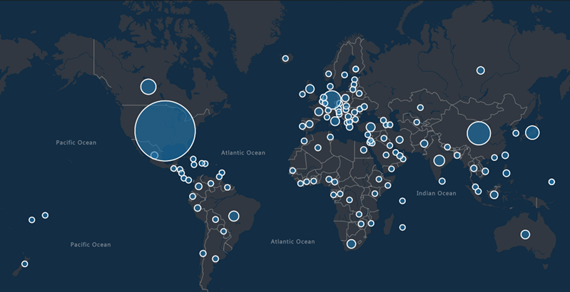 脅威の影響を示すために、いくつかの国の地域にさまざまなサイズの円が配置された世界地図。