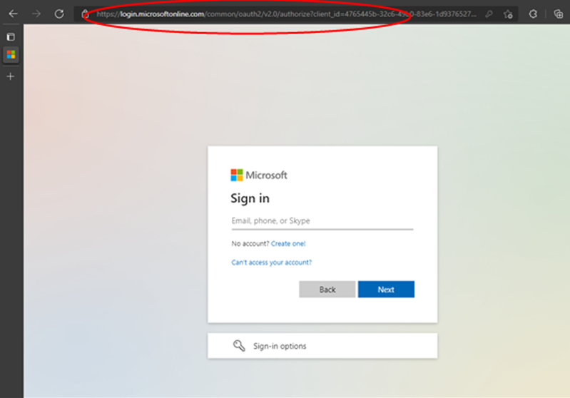 Microsoft サインイン画面を含む Web ページの部分的なスクリーンショット。アドレス バーの赤い円で URL が強調表示されます。