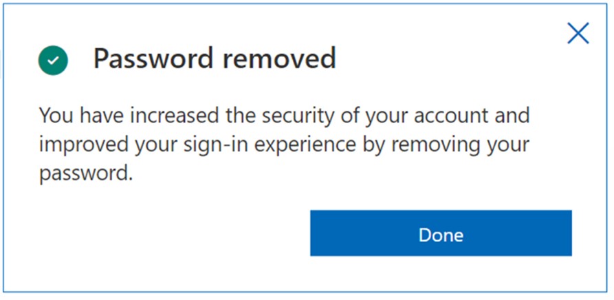 Notification from Microsoft Authenticator app confirming user's password has been removed.