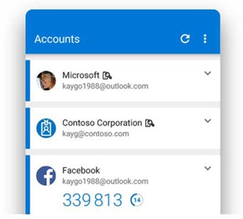 Microsoft Authenticator screen showing different accounts, including: Microsoft, Contoso Corporation, and Facebook. 