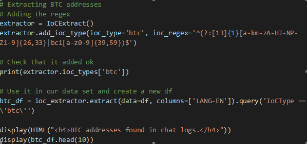 MSTICPy の IOCExtract モジュールに正規表現を追加する Python コードのスクリーンショット。この特定の正規表現は、Conti チャット ログからビットコイン アドレスを抽出します。