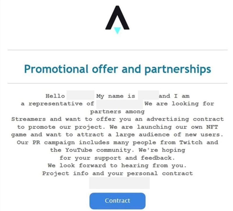 Screenshot of an email message about "Promotional offer and partnerships".