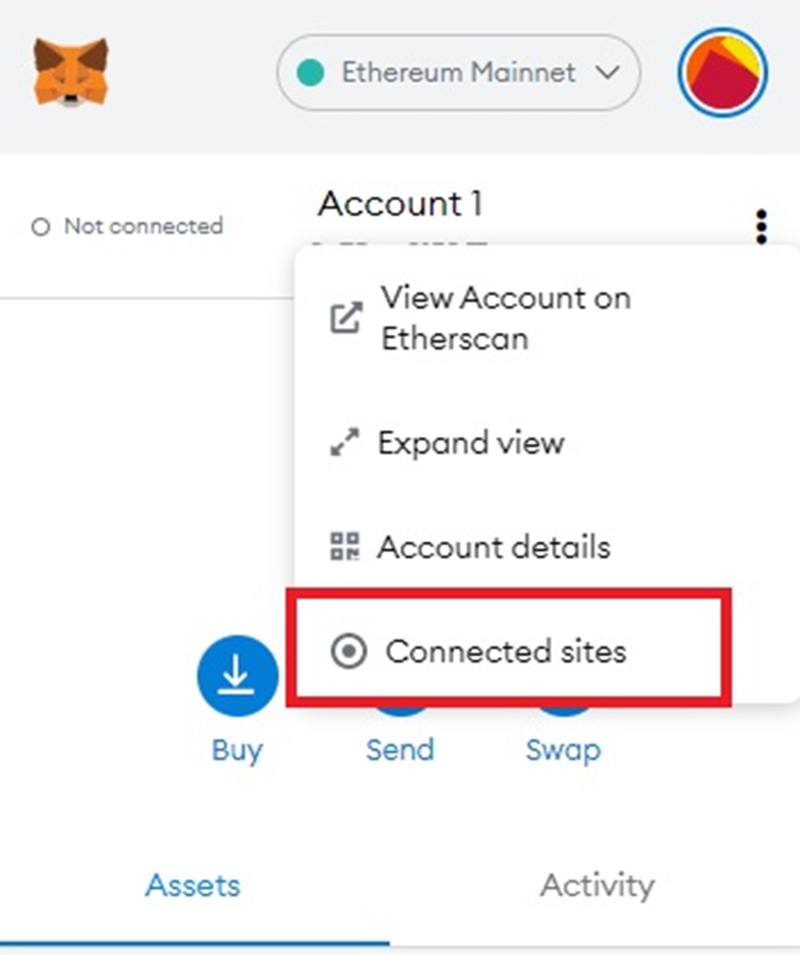 Screenshot of a wallet app's UI with "Connected sites" option highlighted.