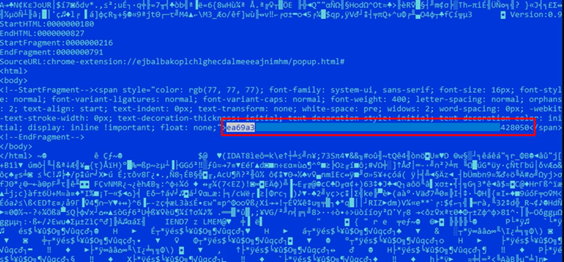 Screenshot of a browser process memory dump with a redacted hot wallet private key displayed in plaintext.