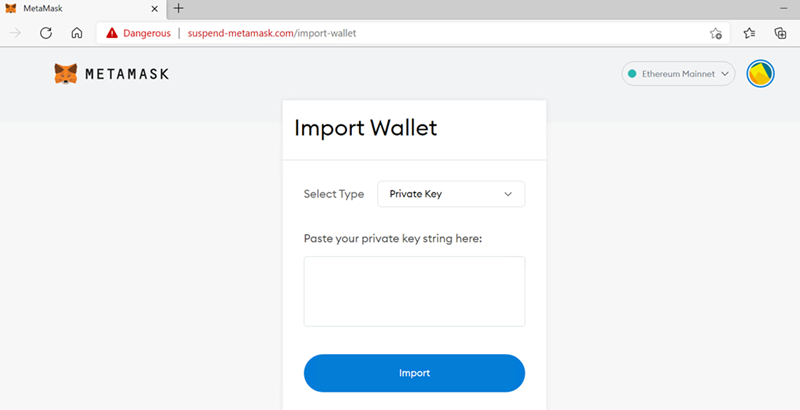 Screenshot of a web browser window displaying a phishing website's "Import Wallet" page.