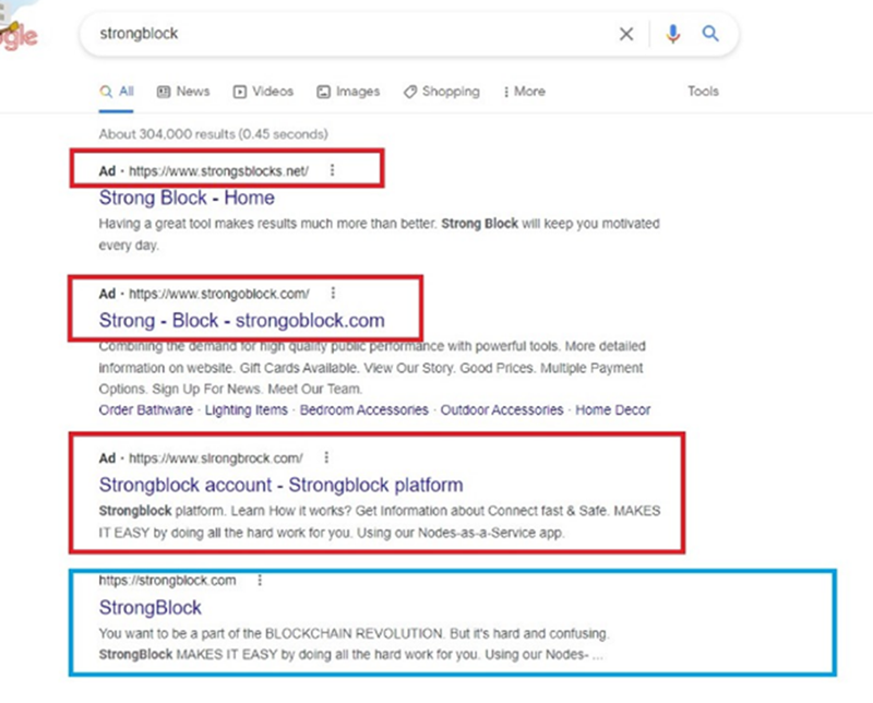 「strongblock」に関連する検索結果のスクリーンショット。ページの上部にある 3 つのスポンサー広告はフィッシング Web サイトであり、赤いボックスで強調表示されています。正当な Web サイトを指す結果は、青いボックスで強調表示されます。