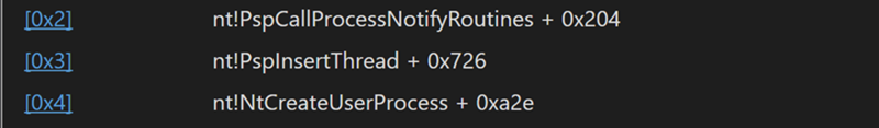 システムコール NtCreateUserProcess から呼び出されるプロセス作成コールバックのリストを含むコードのスクリーンショット。
