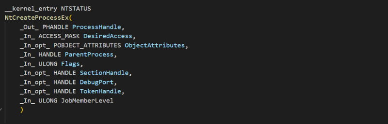 システムコール NtCreateProcessEx の関数シグネチャのコードのスクリーンショット。 NtCreateUserProcess とは異なり、この syscall にはパス引数を受け取るコードが含まれていません。