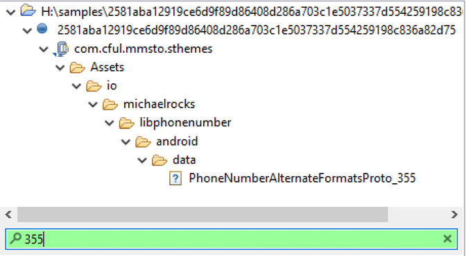 A screenshot of the result when querying the malware's asset file for a file name that ends with "355". The result is a file with the name PhoneNUmberAlternateFormatsProto_355