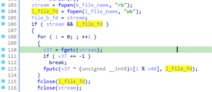 A screenshot of code where the malware decrypts the asset with the name "l_file_fd". 