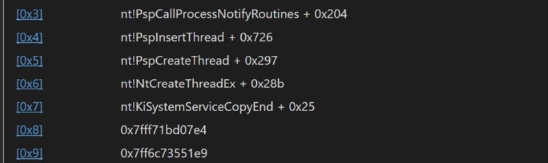 PspCallProcessNotifyRoutine と PspInsertThread を呼び出したコールスタックのスクリーンショット。両方の呼び出しが NtCreateThreadEx 内から発生することが観察されています。